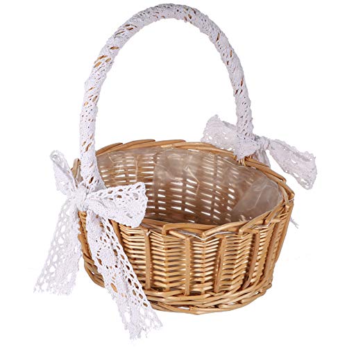Cabilock 11-Inch Woven Flower Girl Basket with Lace Handle Rustic