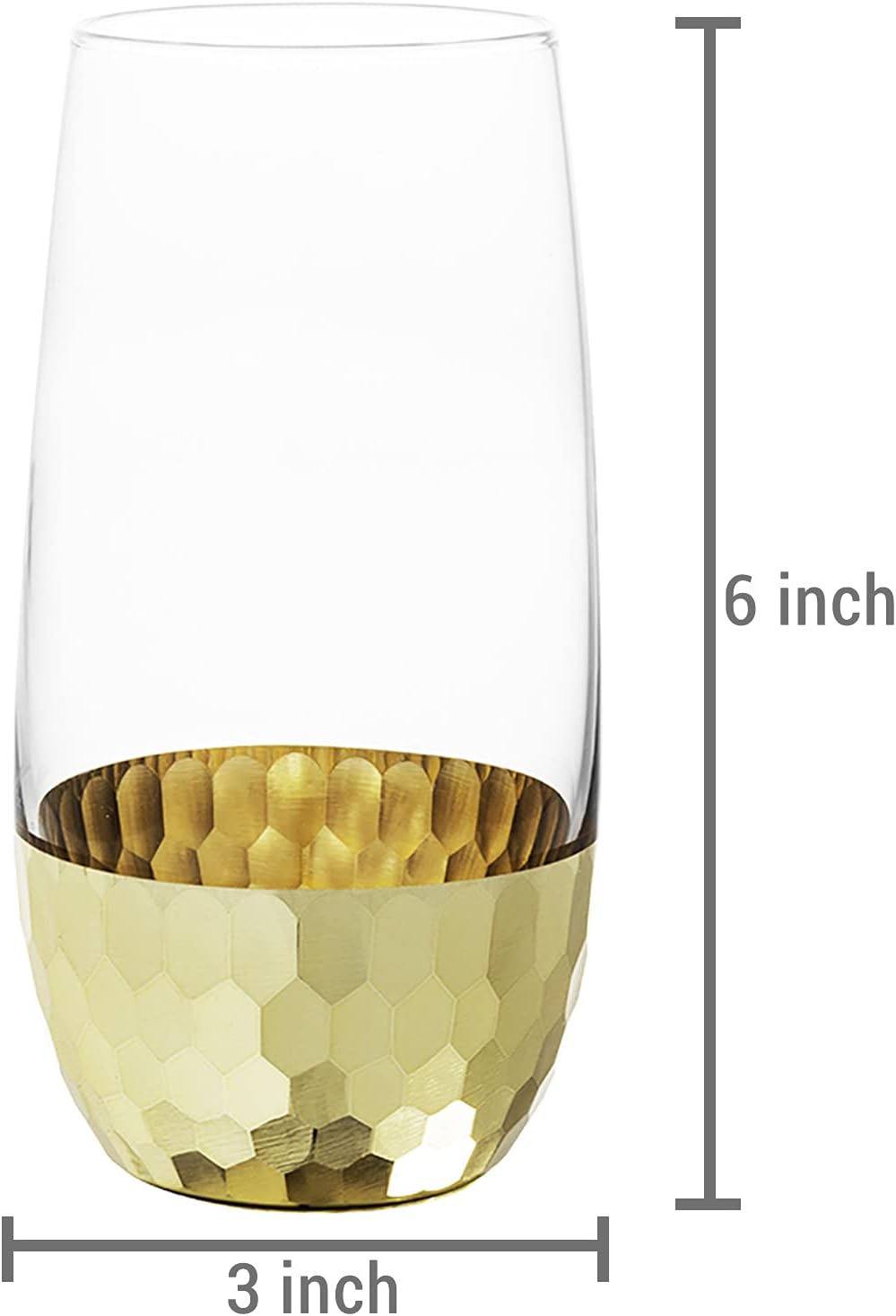 MyGift Stemless Wine Glasses Set of 4 with Hammered Brass Plated Base