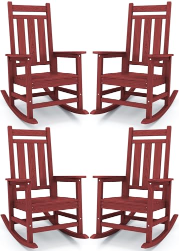 Image of KINGYES Oversized Outdoor Rocking Chair Set of 4, HDPE Patio Rockers, Red