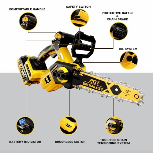 8 inch Cordless Chainsaw for Dewalt 20V MAX Battery, Brushless Pruning Electric Chainsaw with 4.0Ah Battery, Battery Powered Handheld Chain Saw for Wood Cutting, Battery & Charger Included by DOOYUTOOL - Image 9