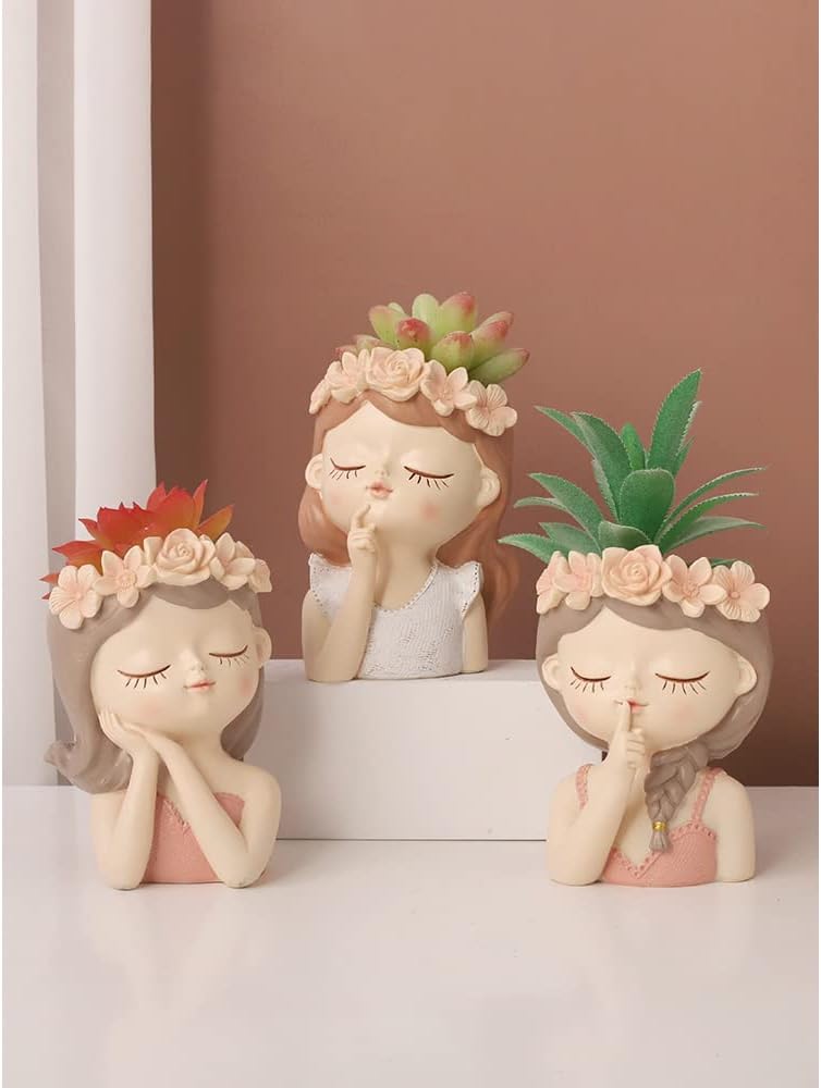 Small Fairy Head Planter, 3 Pack Succulent Pots, 4 Inches Girl Face Flower Pot Cute Resin Cactus Planters with Drainage Decorations, Gift for Women and Garden Decor