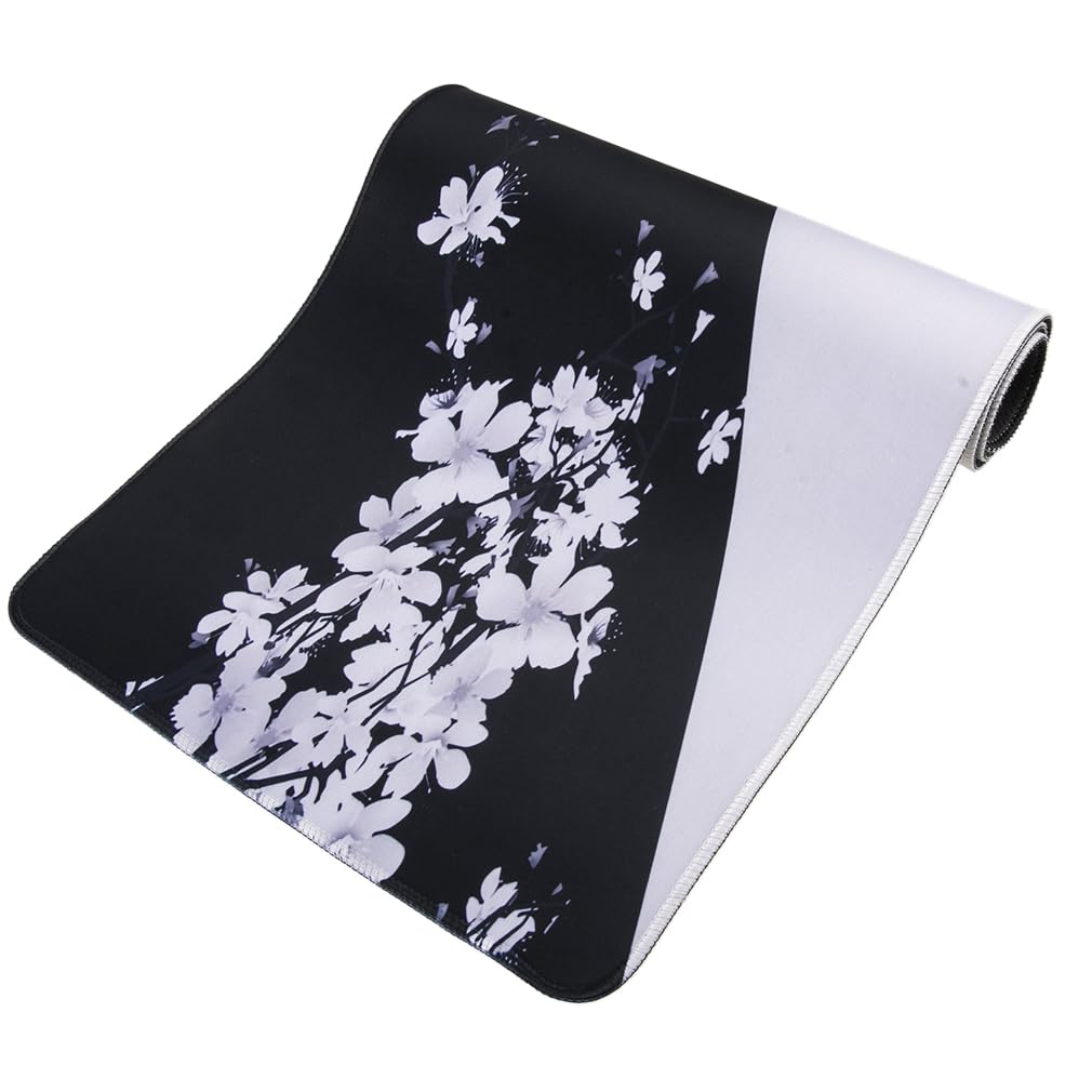 Tapis De Souris XXL 800x300mm - Noir Motif Cherry Blossom, Antidérapant Et Imperméable