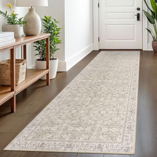 2.6x8 Cream Beige White Grey Washable Runner Rug for Kitchen, Soft Classic Runner with Non-Slip, Non-Shedding Distressed Floral Rug for Hallways Entryway Bedroom Laundry Indoor