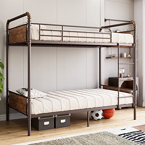 GarveeHome Metal Bunk Bed Twin Over Twin for Kids, Heavy Duty Twin Size Convertible Bunk Bed with Guardrail & Ladders, Noise Free, No Box Spring Needed, Vintage Brown