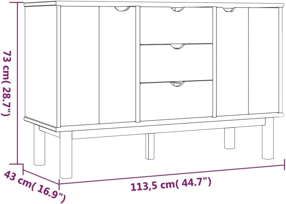 Diagram showing the dimensions of the vidaXL OTTA Sideboard: 44.7 inches wide, 16.9 inches deep, and 28.7 inches high.