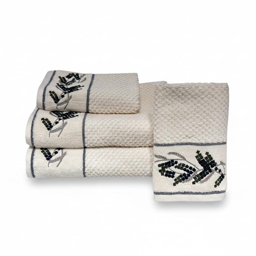Image of SENSES By Riba Cotton Embroidered Towel Set, 550 GSM Soft & Absorbent, Antimicrobial, Oeko-Tex Certified | Ideal for Home & Gifting, Pack of 4 (2 Bath 27 inchX50 inch + 2 Hand Towels 16 inchX26 inch) - Style 6