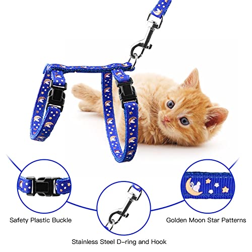 Cat Harness And Leash Set Gold Moons Soft Nylon Escape Proof Adjustable For Kittens Small Animals Glow In The Dark(Blue) #TOP1