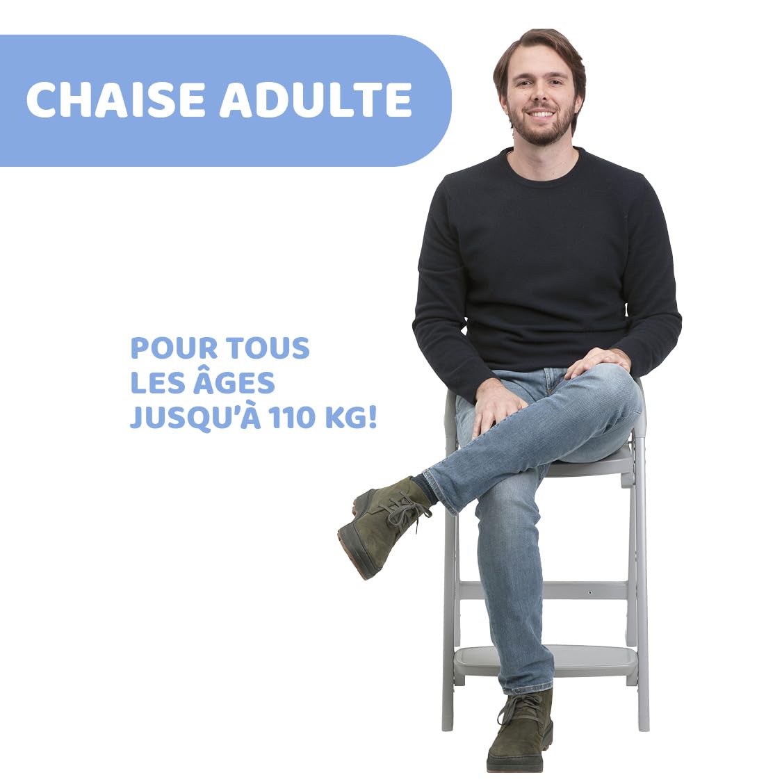 Chicco Chaise haute Crescendo Lite pour bébés dès 6 mois, évolutive jusqu'à 110 kg, 3 configurations, convertible en chaise enfant et adulte, repose-pieds réglable, pliage compact, Milan Mist