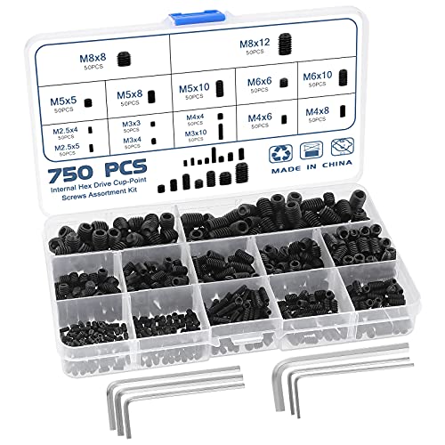 Gueenky Lot de 750 vis sans tête à tête hexagonale, M2,5 M3 M4 M5 M6 M8 vis à grains filetés en acier au carbone, vis à boutons sans tête avec clés