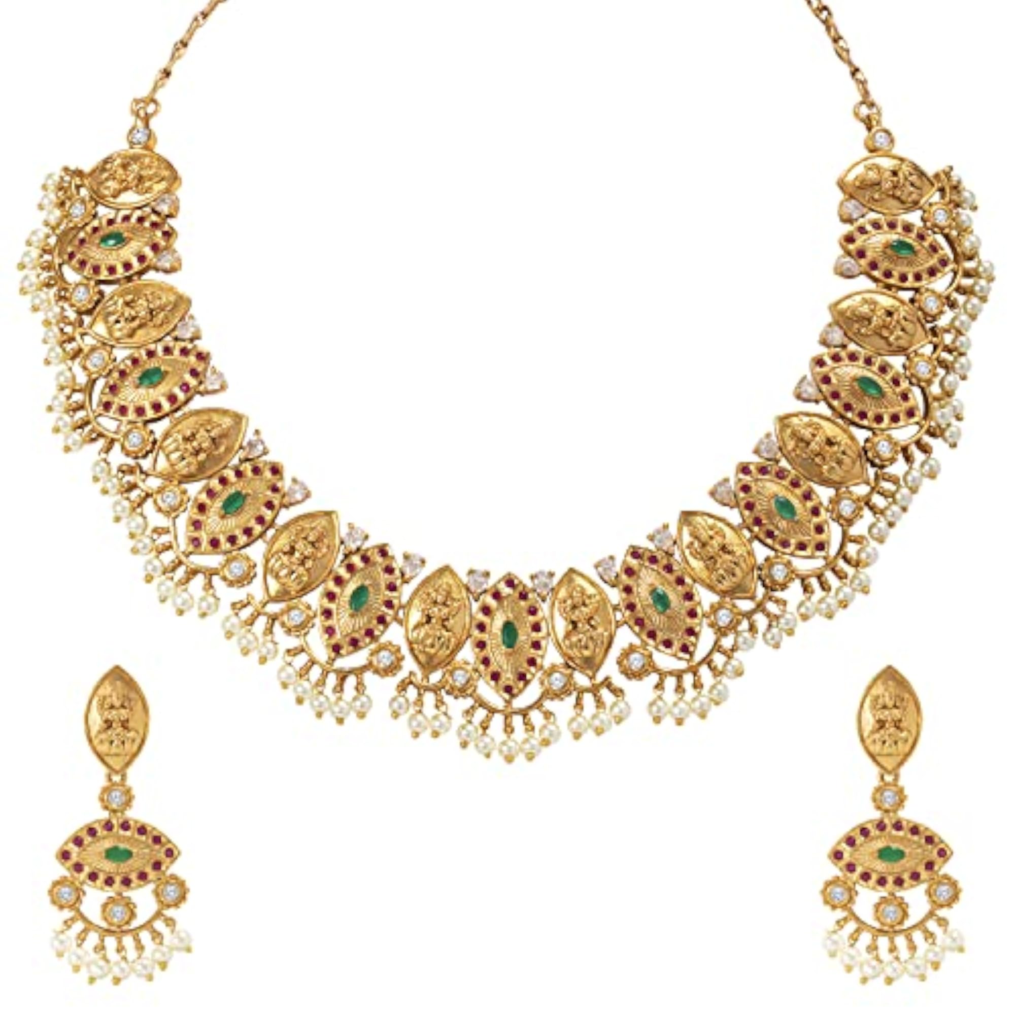 Women's Finish Goddess Laxmi Necklace Earrings Indian Temple Set