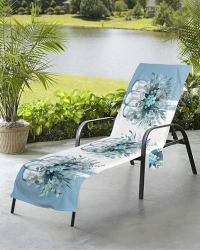 Beach Pool Patio Lounge Chaise Chair Cover Towel with Pockets,Blue Eucalyptus Absorbent & Quick Dry Microfiber Towel Cover Bag Summer Travel Accessories Country Leaves Watercolor Geometric Striped