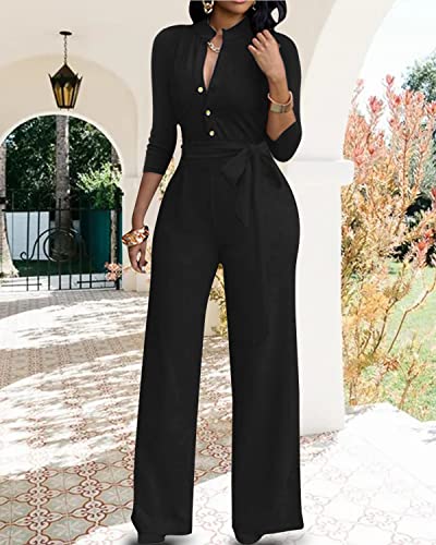 Sexy 3/4 Sleeve Jumpsuit for Women V Neck High Waisted Long Wide Leg Pant Button Down Party Romper with Belt - Image 6