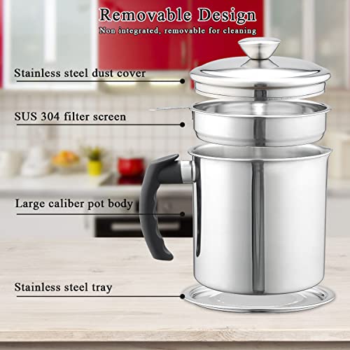 Image of Kyraton Bacon Grease Container With Strainer,48 Oz Stainless Steel Oil Container,Pot Fat Storage With Lid,Easy Grip Handle Suitable For Storing Frying Oil (14.5 X 13.6 X 14 Centimeters,Silver)