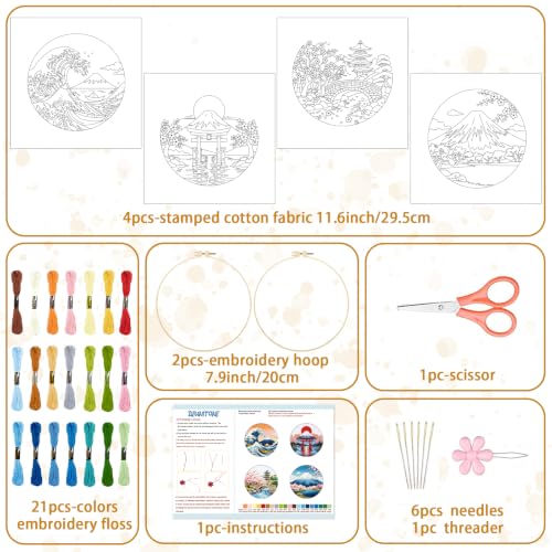 Image of BEUNITONE 4 Pcs Embroidery Kit for Beginner, Ukiyo-e Style Landscape Wave Pattern Embroidery Materials, Cross Stitch Set with Cloth, Thread, Needle and Hoop Tools for Friendship Gift and Home Decor