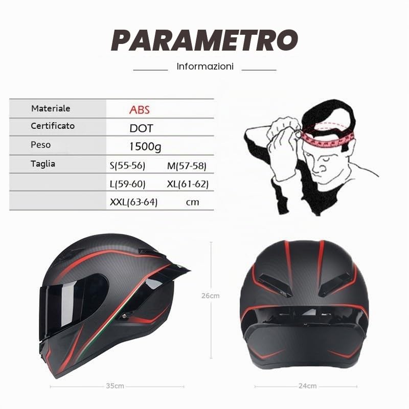 Casco Integrale in Fibra di Carbonio con Doppia Visiera, Casco Integrale da Moto da Corsa per Scooter per Adulti D,L=59-60cm