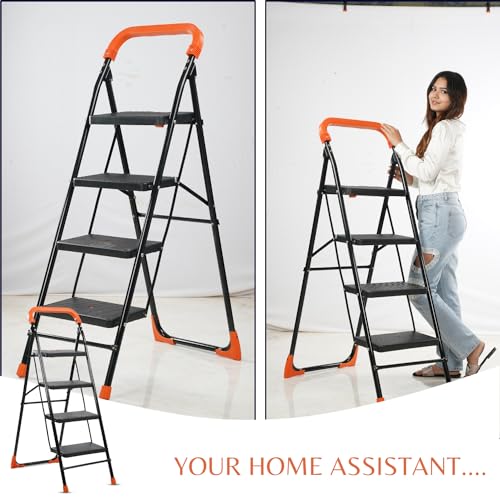 Image of BRANCO Heavy Duty Folding Ladder with Wide Steps | Lifestyle 4 Steps Foldable Ladder | Slip-Resistant | High Strength Long Durable for Home, Kitchen | (Black & Orange)