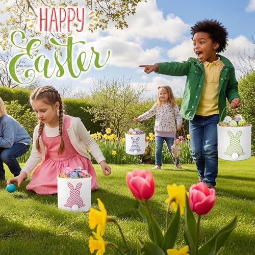 Image of Honeydak 6 PCS Easter Baskets for Kids Fine-lined Wavy Bunny Tote Bags