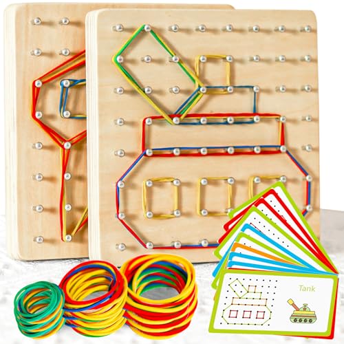 CHEROSIN 2Pack Wooden Geoboard Montessori Toys - Wood Geo Board Manipulative Geoboards for 4 5 6 Year Old Kids with Pattern Cards and Rubber Bands Brain Teaser STEM Toy for Boys Girls Ages 3-6