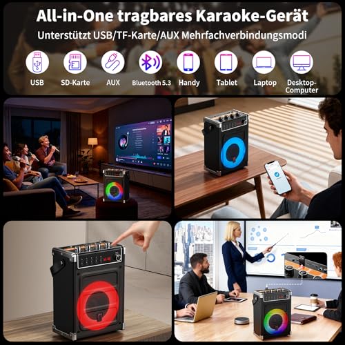 JYX Karaoke Maschine mit 2 UHF-Funkmikrofonen, Bluetooth-Lautsprecher mit Bass-/Höhen-Einstellung und LED-Licht, PA-Systemunterstützung TWS, AUX in, FM, Rec, Versorgung für Party/Erwachsene