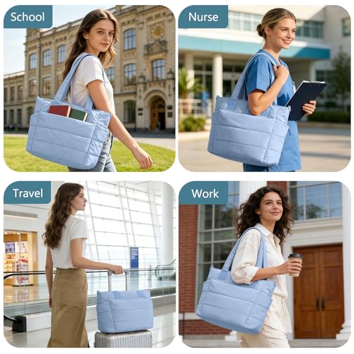 Image of Puffer Tote Bag for Women Quilted Nurse Bag Lightweight Work Bag for Teacher Travel Handbag with Multiple Pockets