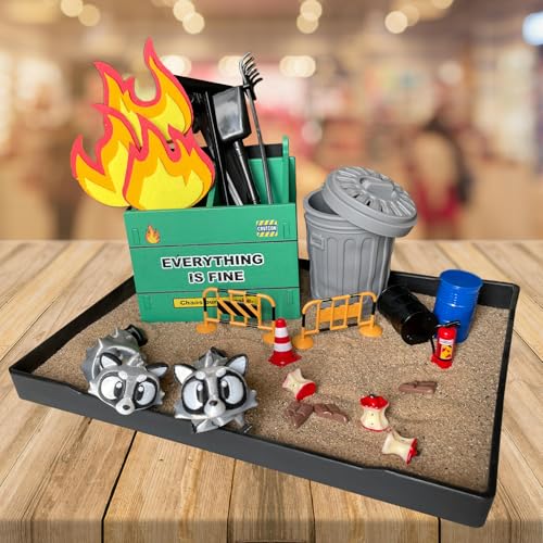 image for Threeheng Dumpster Fire Zen Garden Desk Set - Trash Can & Raccoon Figu