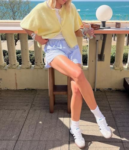 Cioatin Women Yellow Short Sleeve Button Down Crop Cardigan Sweater Y2K Oversized Aesthetic Knit Shirt Tops Preppy Girls4