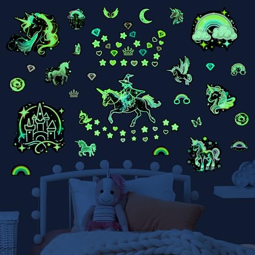 Robmoda - Glow in The Dark Unicorn Wall Decals, Neon Fantasy Rainbow Unicorn Wall Stickers for Girls Room, Colorful Diamond Star Love Room Decor, Baby Girl Boy Bedroom Ceiling Nursery Decoration