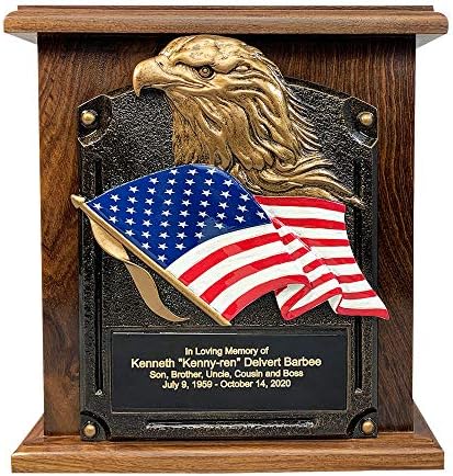 American Flag and Eagle Cremation Urn, Wood Funeral Urns with Engraving