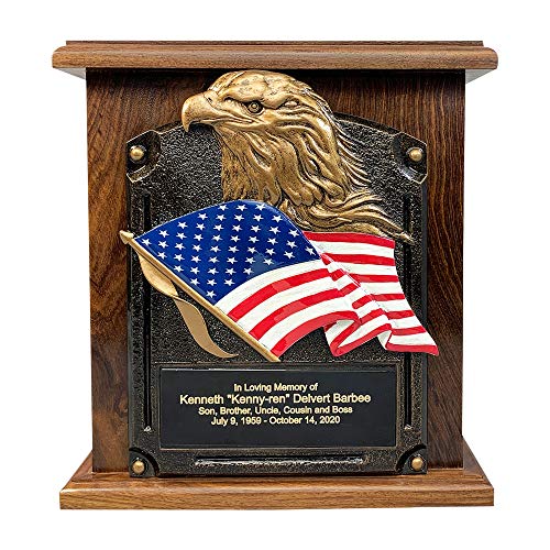 American Flag and Eagle Cremation Urn, Wooden Funeral Urns with Personalized Engraving