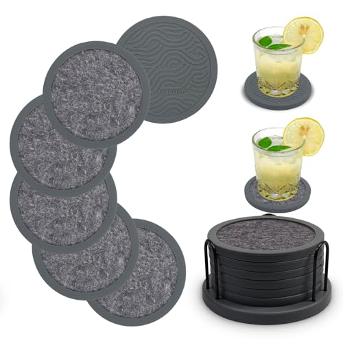 Non-Slip Silicone Coaster, Double-Sided Absorbent Cup Mats for Hot & Cold Drinks, Scratch & Water Ring Protection for Wood Tables, Home Office Bar Use (6PC grey)