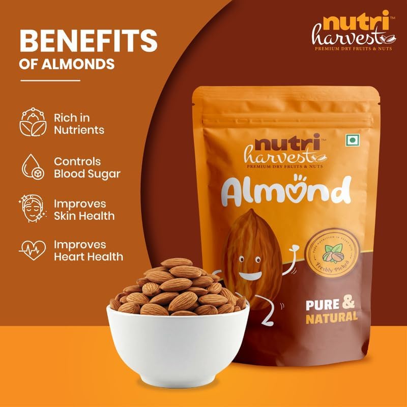 Image of NUTRI HARVEST Premium Natural Californian Almonds (2X200g) | Raw Unsalted Badam Giri, Tasty and Healthy Snacks, Crunchy Dry Fruits | High Protein & Fiber | Rich in Magnesium & Phosphorus (Pack of 2)