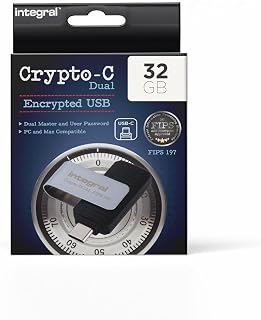 Integral 32GB Crypto-C Dual Verschlüsselter USB-Flash-Speicherstick, AES-XTS 256-Bit Hardware-verschlüsselter USB 3.2 mit Sicherem Doppelpasswort, FIPS 197 Zertifiziert - für Mac, MacBook, PC, Laptop