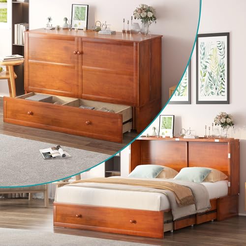 BALUS Murphy Cabinet Bed, Queen Murphy Bed with Tri-fold Mattress, Charging Stations, Wooden Cabinet Chest Beds with 2 Storage Drawers for Bedroom Guest Room, Space-Saving - Cherry