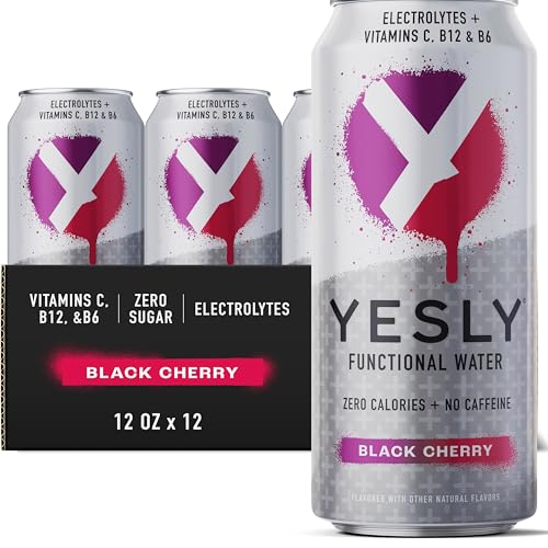 Yesly Functional Water, Black Cherry, Naturally Flavored Still Water with Electrolytes, Magnesium, Potassium, Vitamin C, B6 & B12, Zero Sugar, No Artificial Sweeteners, 16 Fl Oz Cans, 12 Pack