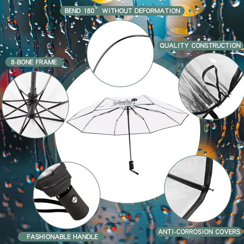 Image of ISABRELLA Clear Folding Umbrella for Rain & Sun Protection, Transparent Compact Umbrella for Women, Windproof Lightweight Travel Umbrella for Outdoor, Commute