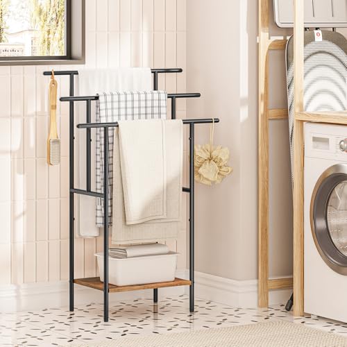 Miniatura 2 de Hoobro Toallero Independiente De 100 Cm De Alto Para Baño, Estante De Manta Escalonado De 3 Niveles Con Estantes, Estante De Secado Y Exhibición De Toallas De Baño De Gran, Negro Y Marrón Ebf50lb01