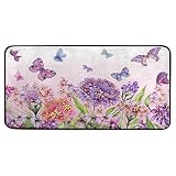 SLHKPNS Kitchen Mat Purple Flower Butterfly Non-Slip,Floral Sping Summer Kitchen Rugs Comfort Runner