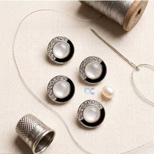 Image of Pack of 6 Silver Buttons with Pearl Finished Centre Black Enamel and Rhinestones Diameter 18 mm, (28L) for Sewing Blazers Jackets and Art and Craft