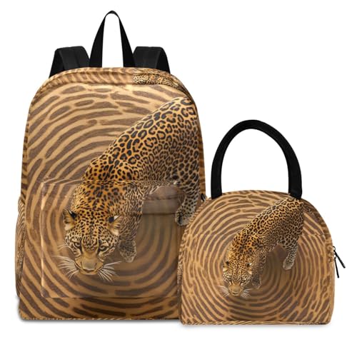 Backpack Lunch Box Set Large Capacity Travel Backpacks and Insulated Lunch Bag for Commute Hiking Picnic Art Leopard Print