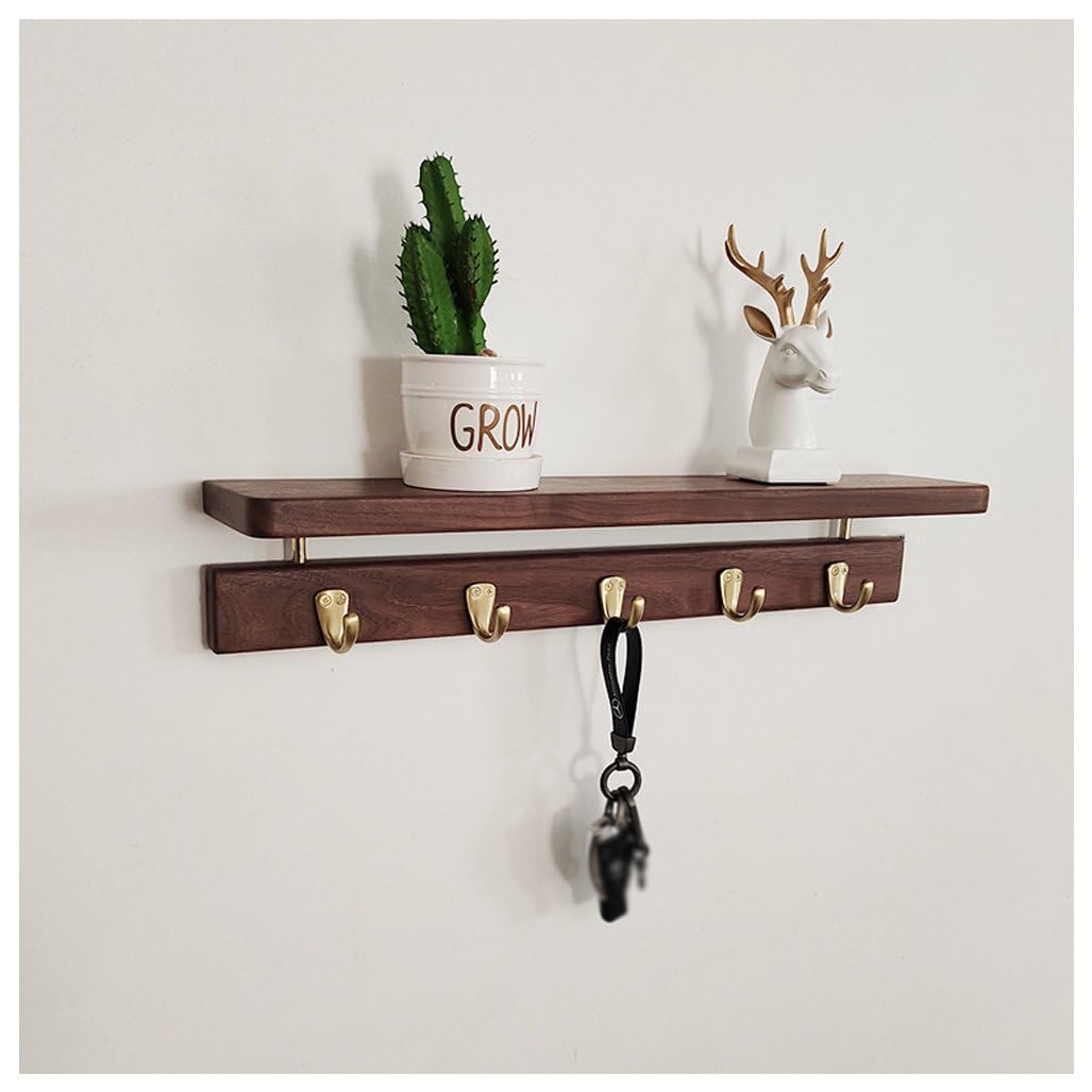 Qpkz Brown Walnut Wood Coat Rack Wall Mount With Shelf, Wall Hooks Entryway Hanging Shelves With Brass Hooks For Clothes Hats Towel Purse Robes, Bathroom Mudroom Bedroom 60Cm