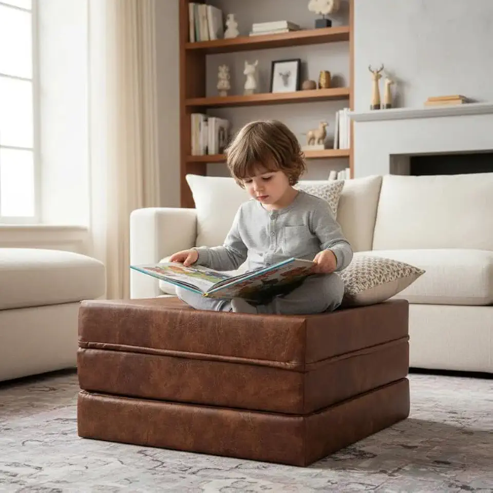 Puff 3 em 1 Couro Sintético Marrom, Colchonete Solteiro Multiuso, Almofada Portátil para Viagem