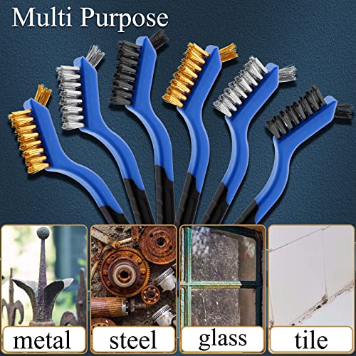 Wire Brush Set, 6 Pcs Stainless Steel/Brass/Nylon Wire Brushes For Cleaning With Curved Handle Grip For Rust Removal, Dirt, Paint Scrubbing(Blue) #TOP5