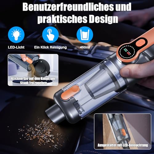 botatio Handstaubsauger, 26000 Pa Akku Staubsauger Kabellos, One-Touch Staubentleerung, Bürstenloser Motor, 4-in-1 Multifunktionaler Auto Staubsauger Stark, mit HD Display und LED Beleuchtung, Orange