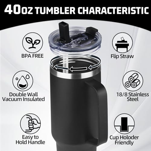 Image of 40 oz Tumbler with Handle and Flip Straw, 100% Leakproof Insulated Tumbler with Lid and Straw, Stainless Steel Travel Coffee Mug, Insulated Coffee Thermal Cup for Cold and Hot (Black)