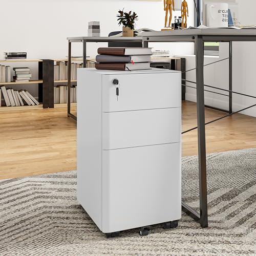 Image of YITAHOME 3-Drawer Metal Filing Drawers with Keys, Compact Slim Portable File Pre-Built Office Storage Cabinet for A4 /Letter /Legal (White)