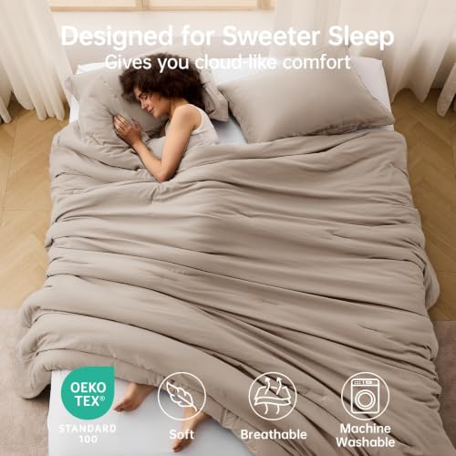 Image of MUXHOMO Oversized King Comforter Set, Lightweight Down Alternative Bed Set | All Season 3 Piece Bedding Set,Ultra Soft Down Alternative,Includes 1 Comforter 120x98 and 2 Pillow Shams 20x36,Dark Linen