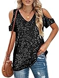 Sequin Tops Women Sparkly Shirt: Party Top Sparkle Shirts Glitter Cold Shoulder V Neck Blouses Evening Club Outfits Elegant Black
