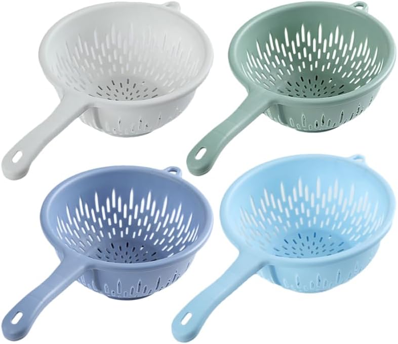 SOLUSTRE Plastic Kitchen Colander with Handle 4-Pack Handheld Food Washing Strainer for Fruits and Vegetables 14.76X8.46X3.85 Inches Compact Drain Basket for Home Kitchen