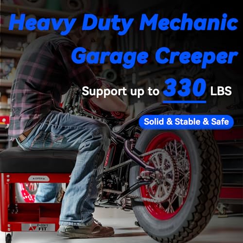 Image of Rolling Creeper Garage Shop Seat for Men, Padded Mechanics Stool with Tool Tray Storage for Garage, Rolling Workshop Stool with Wheels, Auto Creeper Seat, 330 LBS Capacity, Heavy Duty, Red
