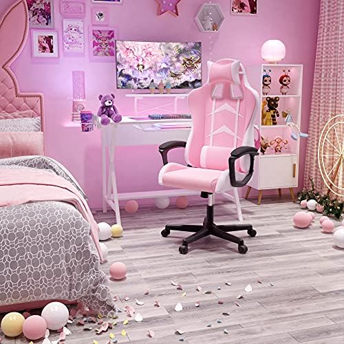 IntimaTe WM Heart Gaming Chair, Ergonomic High Back Office Racing Chair with Armrest, Swivel Leather Desk Chairs with Adjustable Headrest and Lumbar Cushion for Office and Home (Pink)